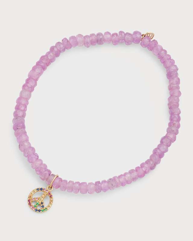 Light Pink Sapphire Faceted Rondelle Bracelet With Rainbow Mini Peace Sign Charm