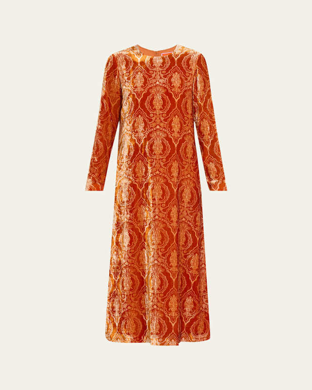 Damask-Print Velvet Long-Sleeve Maxi Swing Dress