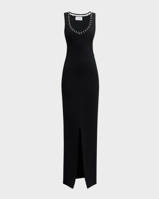 Crystal Embellished Sleeveless Stretch Viscose Milano Knit Gown