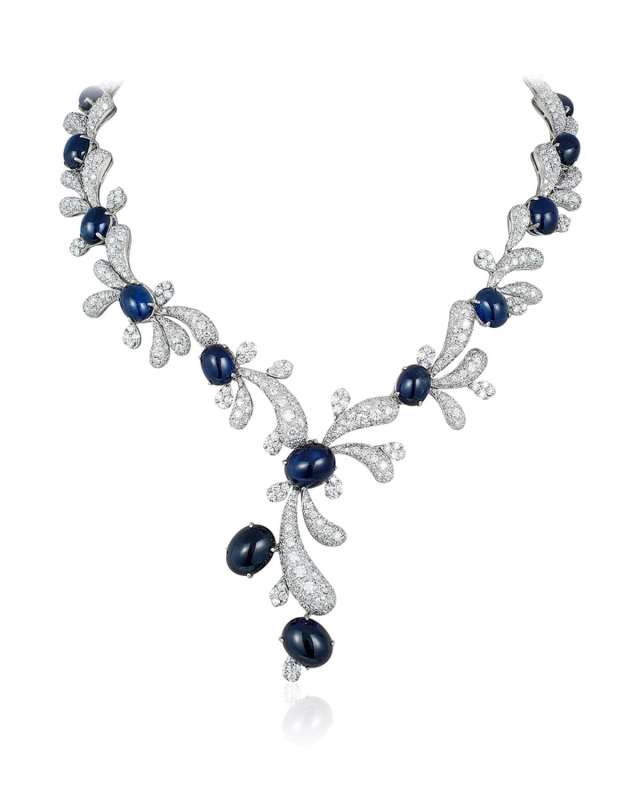 18K White Gold Cabochon Sapphire and Diamond Y Necklace