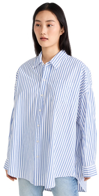 Denimist Button Front Shirt Md Blue Wide Stripe