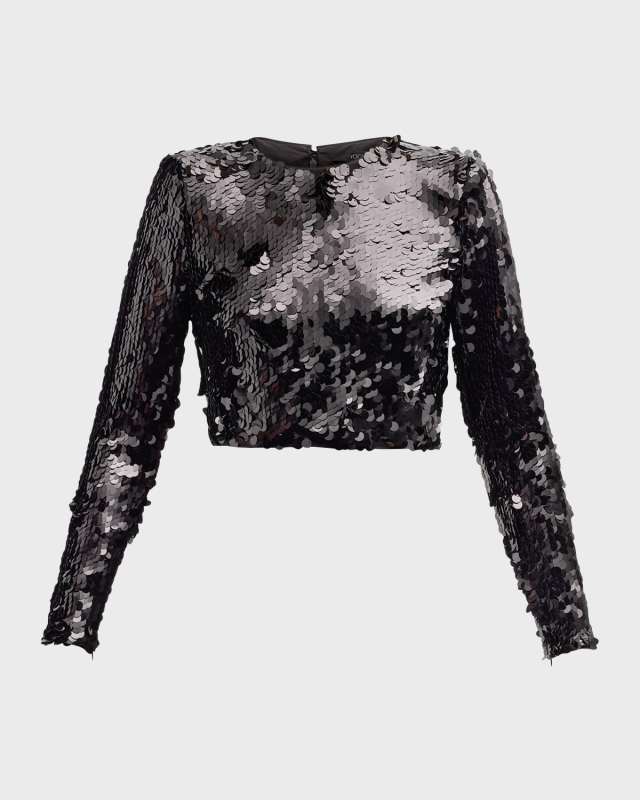 Anaya Long-Sleeve Cropped Pailette Top