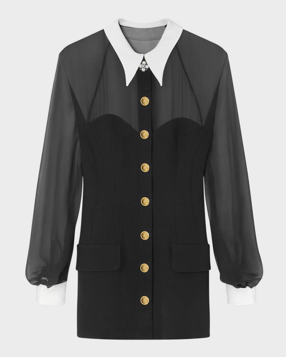 Contrast-Collar Double Wool Crepe Mini Shirtdress