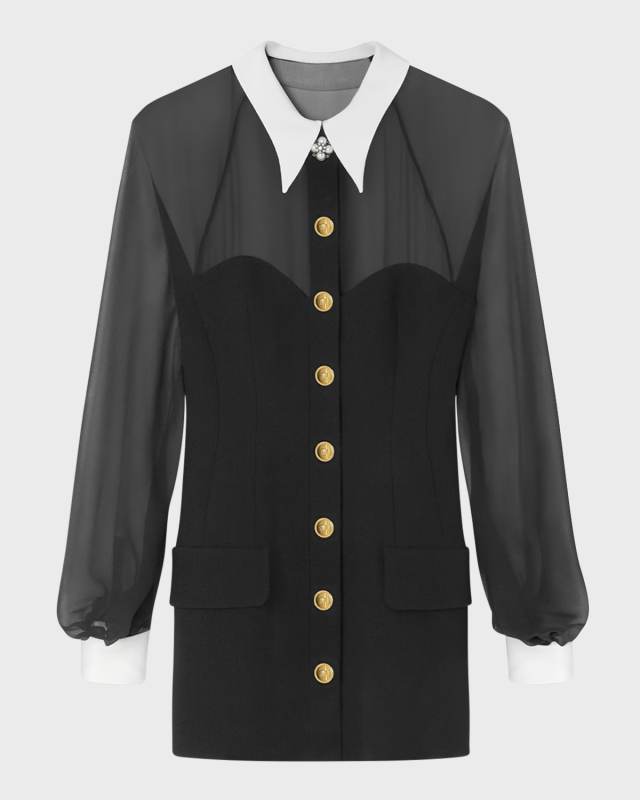 Contrast-Collar Double Wool Crepe Mini Shirtdress