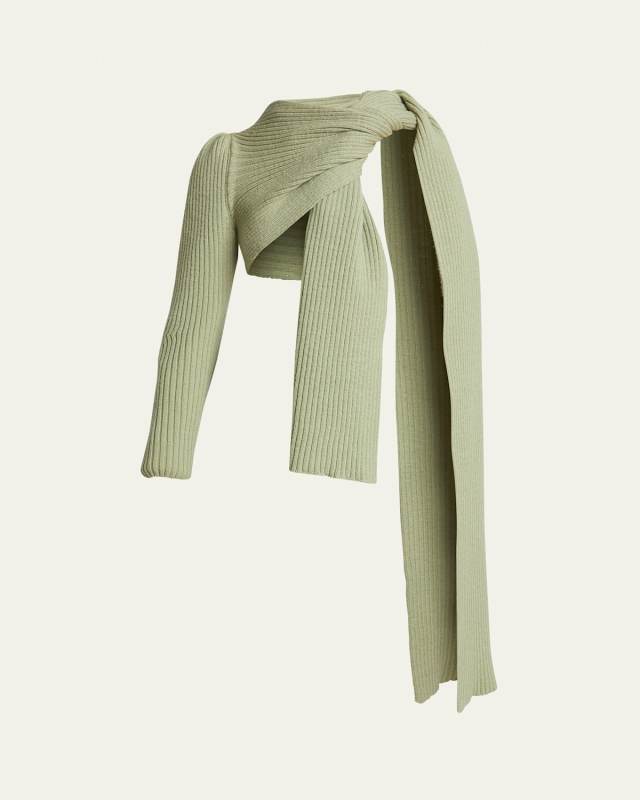Telle One-Shoulder Ribbed Crop Wool Cardigan