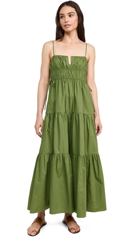 Moon River Shirred Midi Dress Green