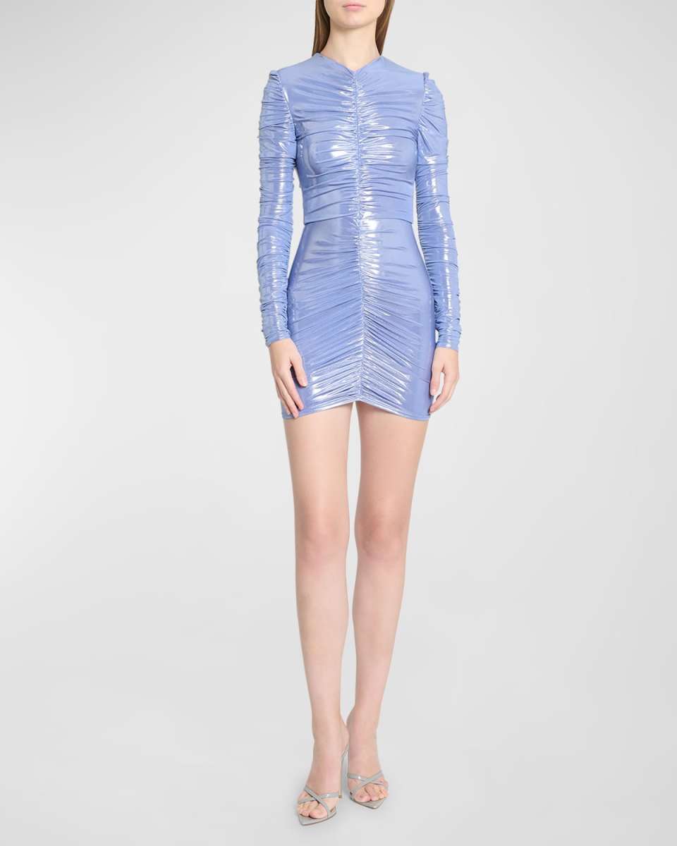 Ruched Metallic Jersey Long-Sleeve Mini Dress