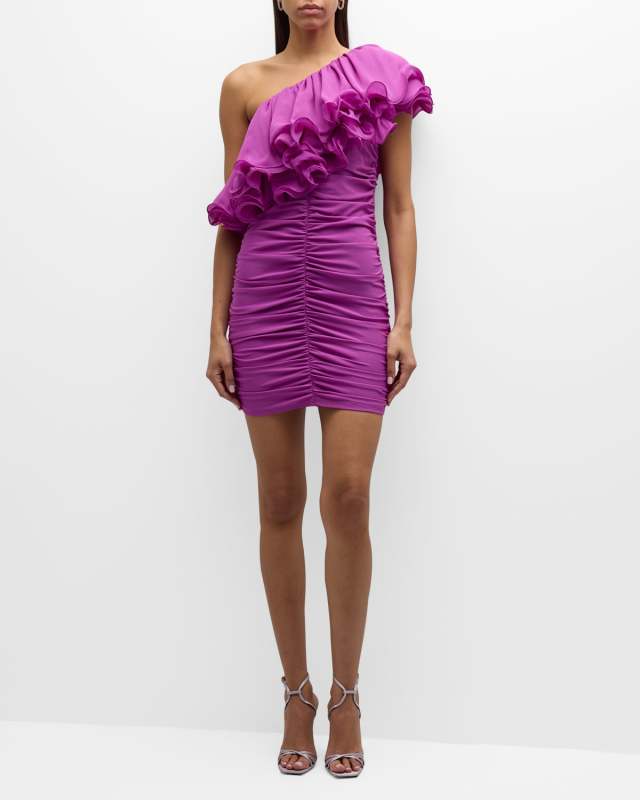 Chiffon Asymmetric Frill Ruched Mini Dress