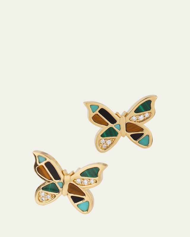 14K Yellow Gold Mosaic Butterfly Stud Earrings with Diamonds