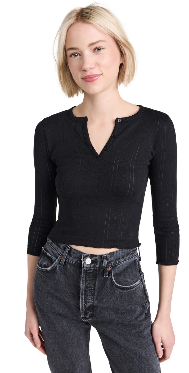COUCOU The Baby Long Sleeve Pointelle Top Black