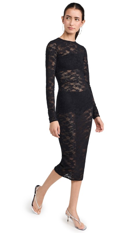 Fleur du Mal Le Stretch Multifit Lace Long Sleeve Dress Black