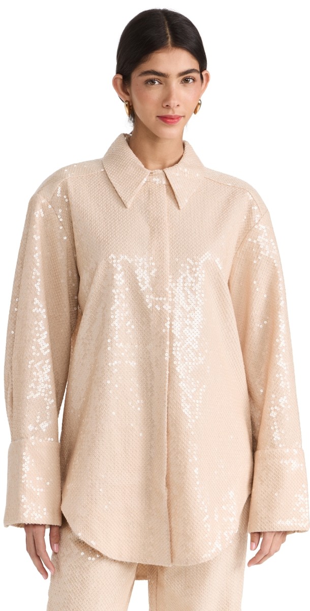Aje Incandescent Sequin Shirt SAND BROWN