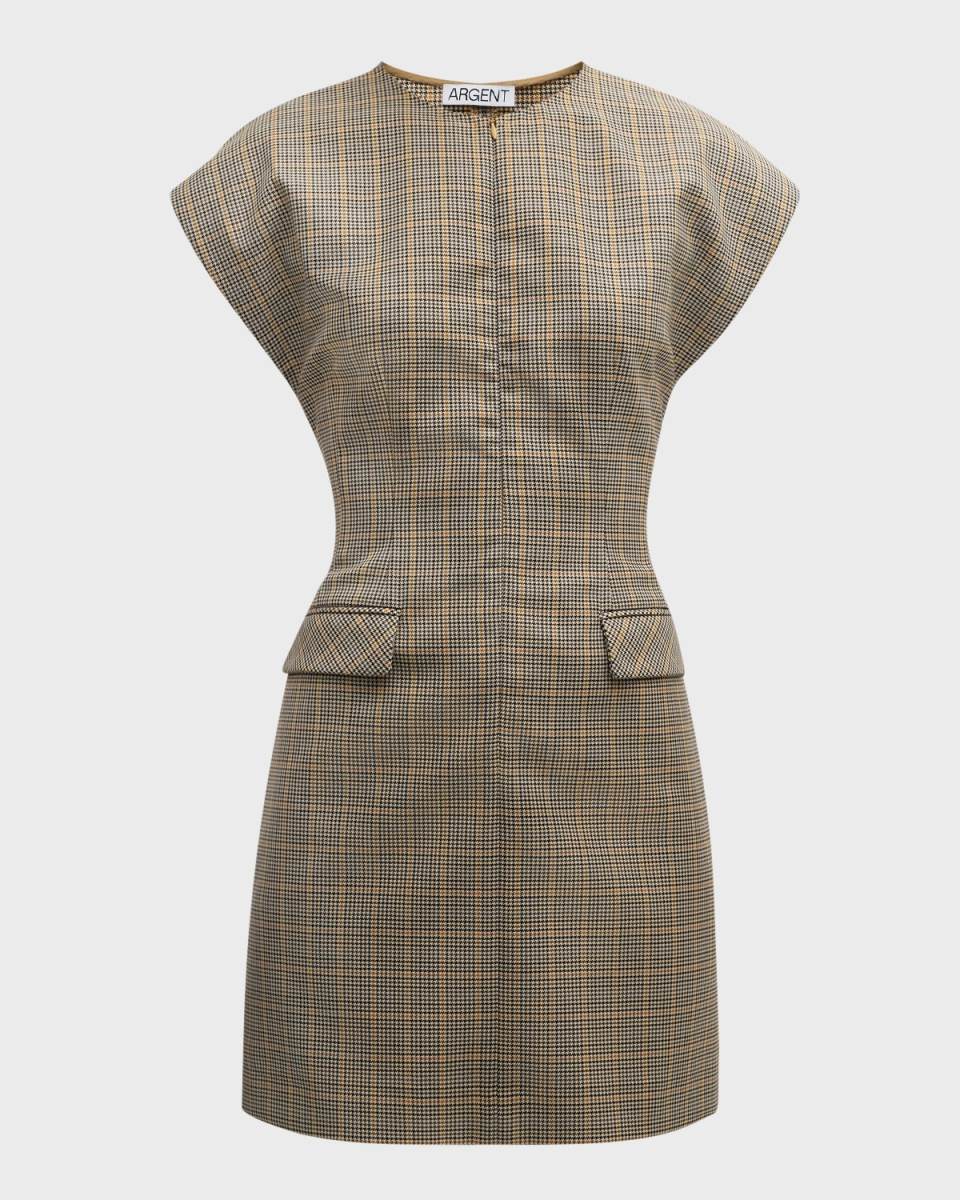 Cap-Sleeve Plaid Houndstooth Mini Dress