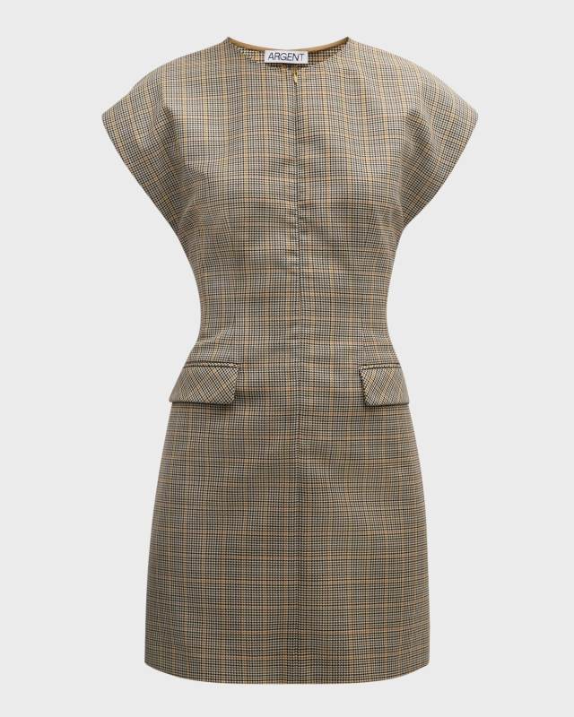 Cap-Sleeve Plaid Houndstooth Mini Dress