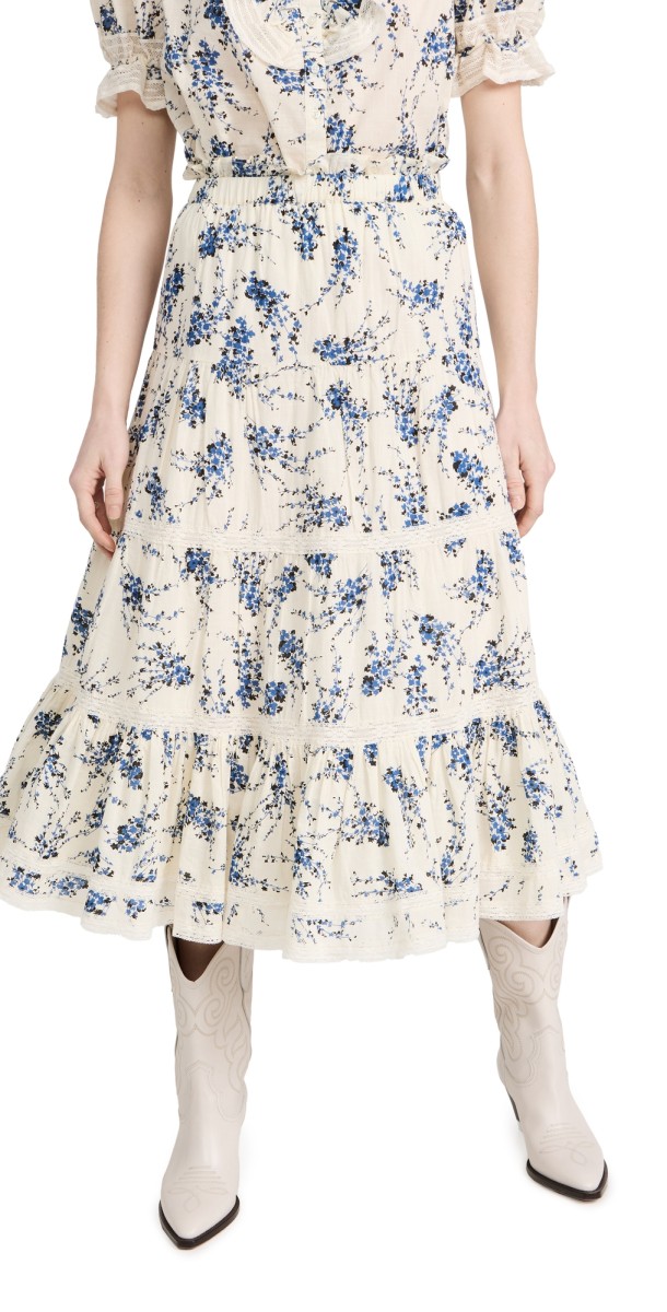THE GREAT. The Lace Inset Floral Skirt Blue Jasmine Floral
