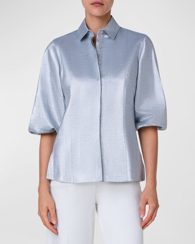 Metallic Cotton Button-Front Blouse