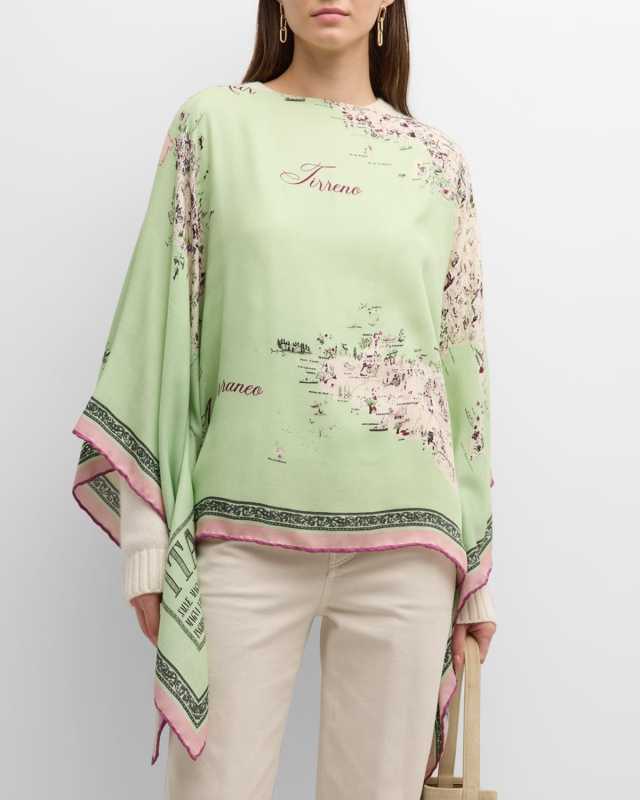 Italy Print Cashmere & Silk Poncho
