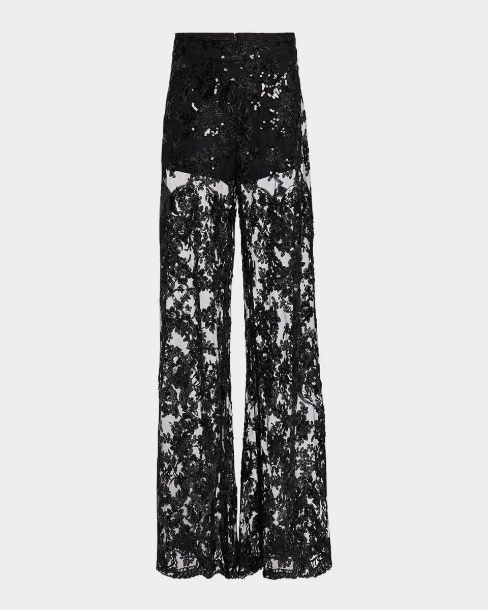 Athena Embellished Sheer Lace Wide-Leg Pants