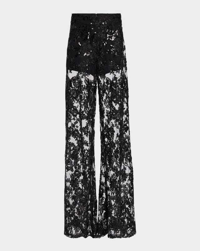 Athena Embellished Sheer Lace Wide-Leg Pants