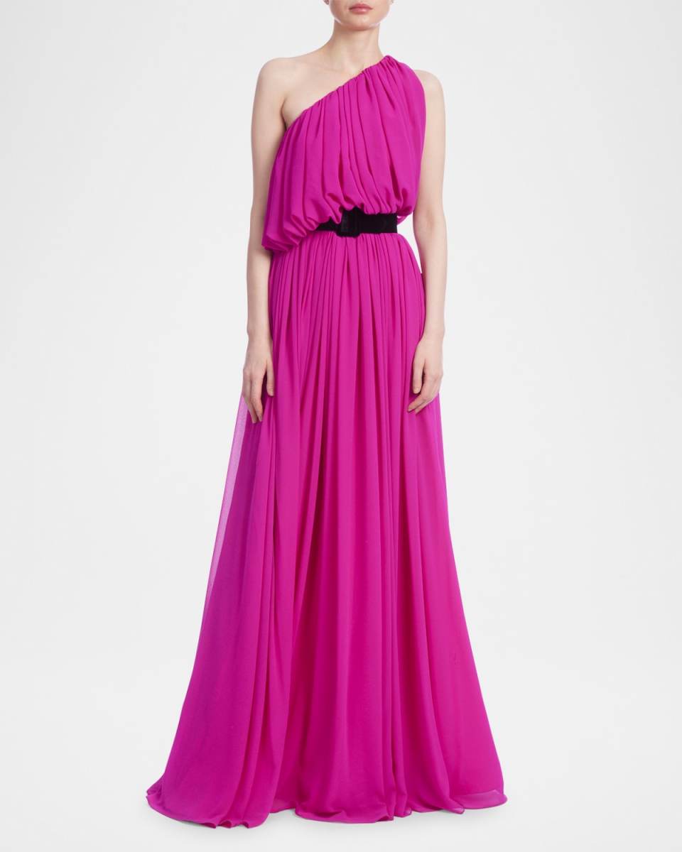 One-Shoulder Belted Georgette Gown