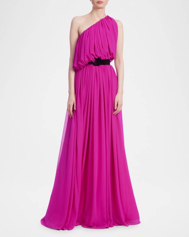 One-Shoulder Belted Georgette Gown