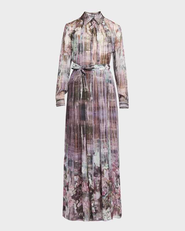 Printed Chiffon Long-Sleeve Maxi Shirtdress