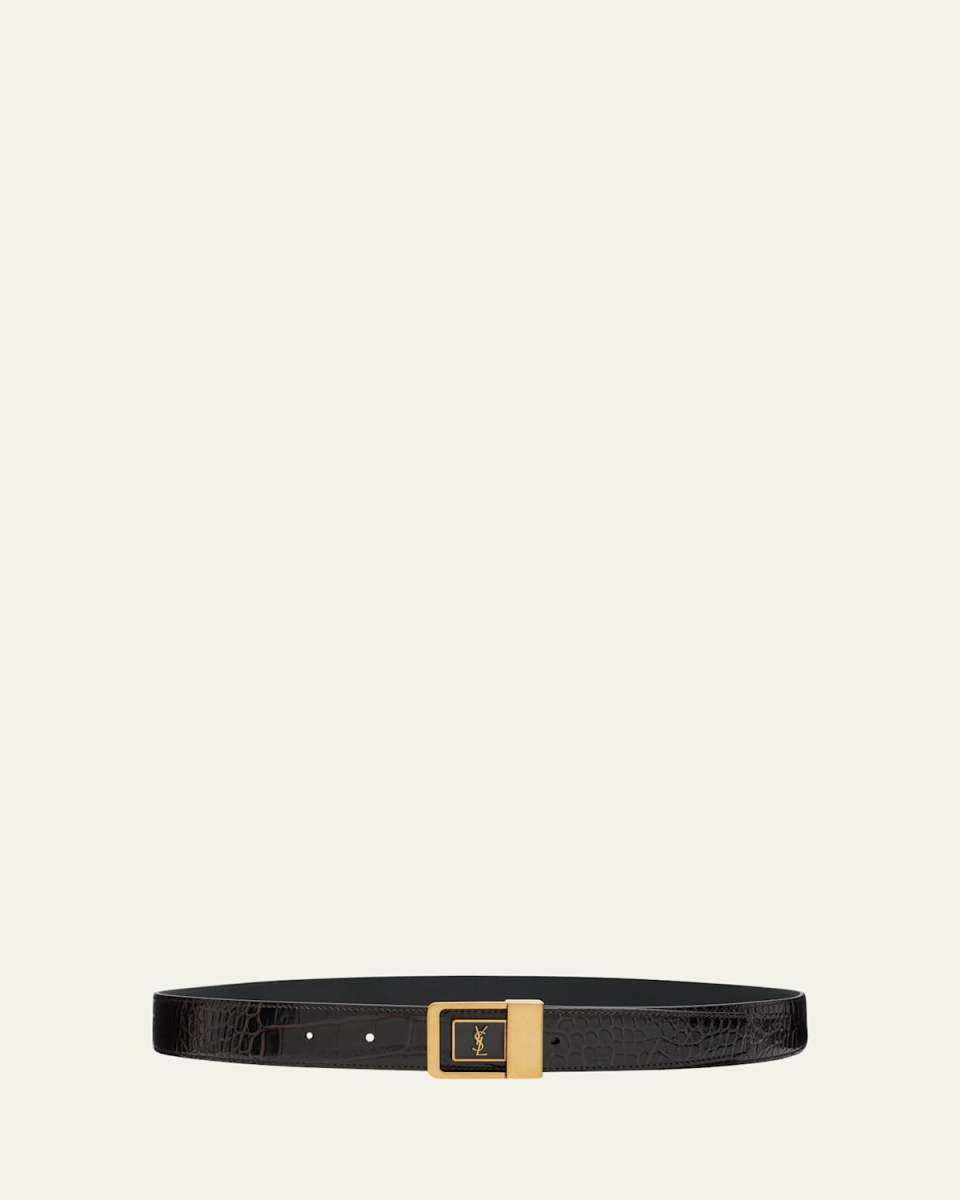 Croc-Embossed Leather Square Buckle Belt