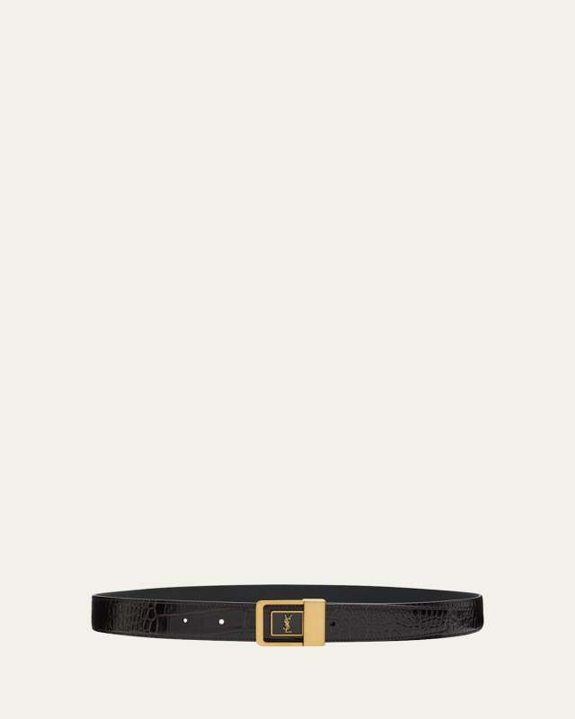 Croc-Embossed Leather Square Buckle Belt