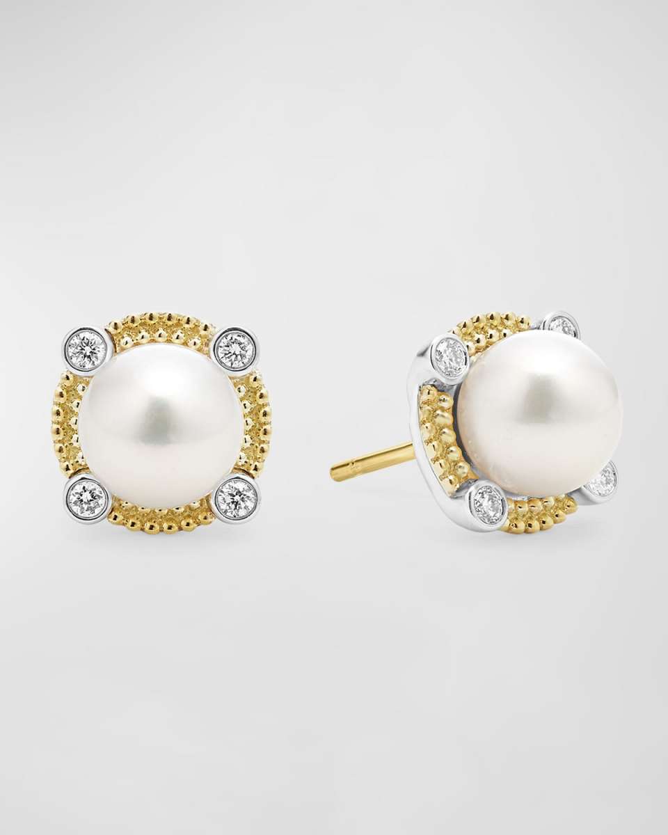 Sterling Silver and 18K Luna Pearl Lux with Diamond Stud Earrings