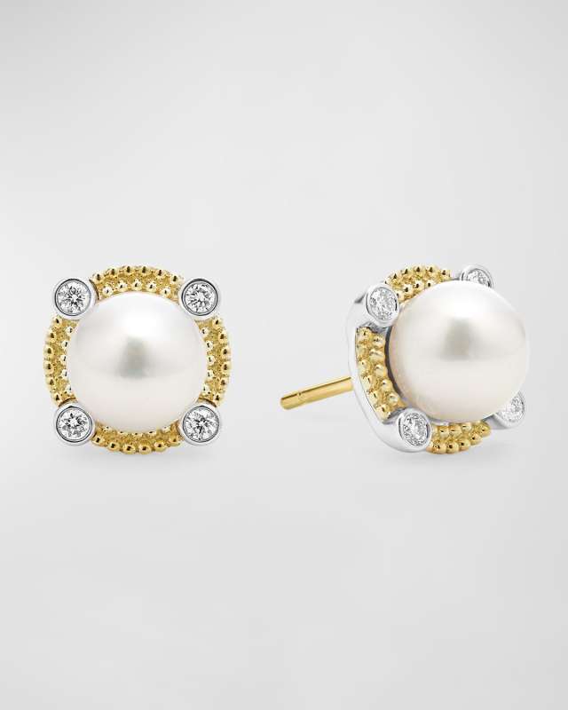 Sterling Silver and 18K Luna Pearl Lux with Diamond Stud Earrings