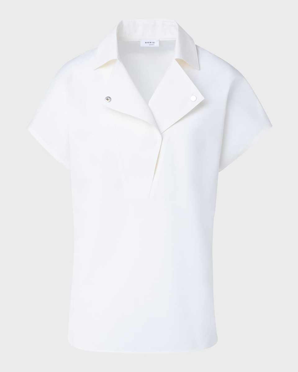 Biker Collar Short-Sleeve Cotton Poplin Stretch Blouse