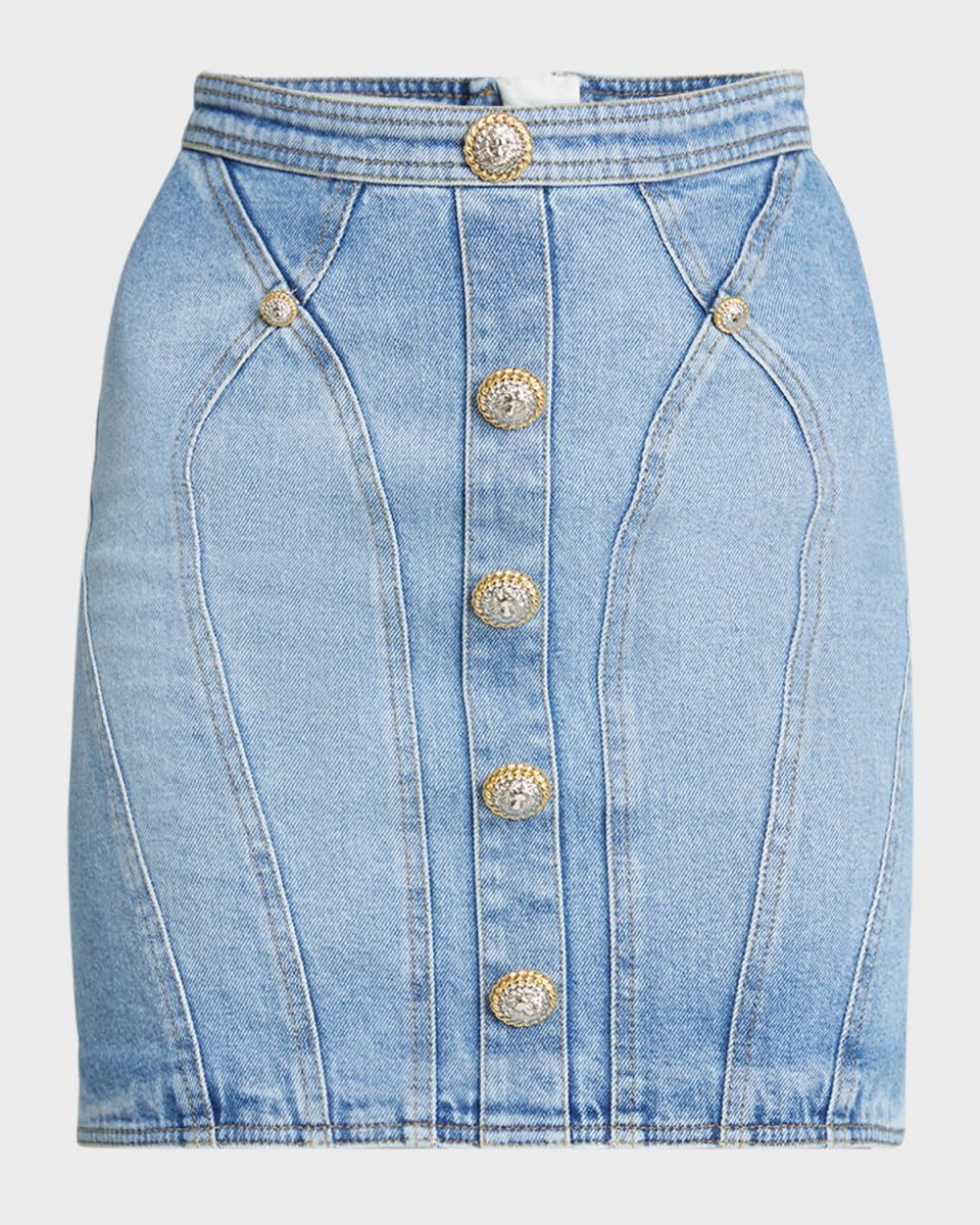 Seamed Denim Pencil Skirt with Gold-Tone Buttons