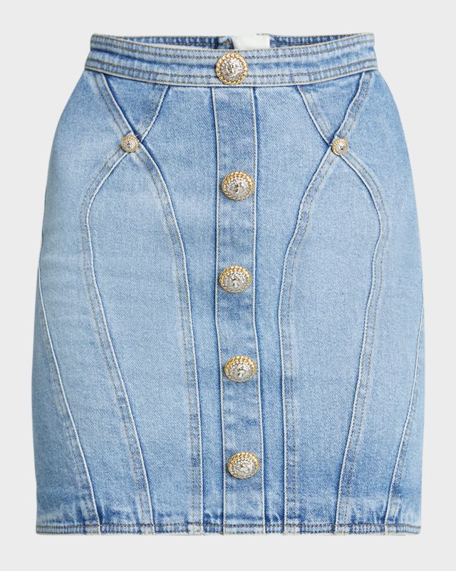Seamed Denim Pencil Skirt with Gold-Tone Buttons