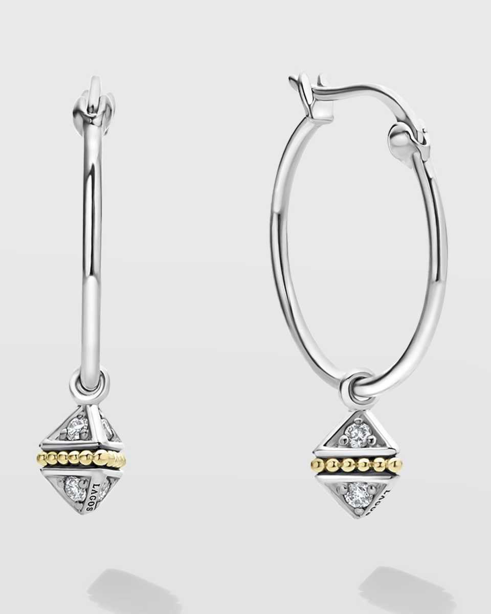 KSL Two-Tone Diamond Small Pyramid Charm on Hoop Earrings, 18mm