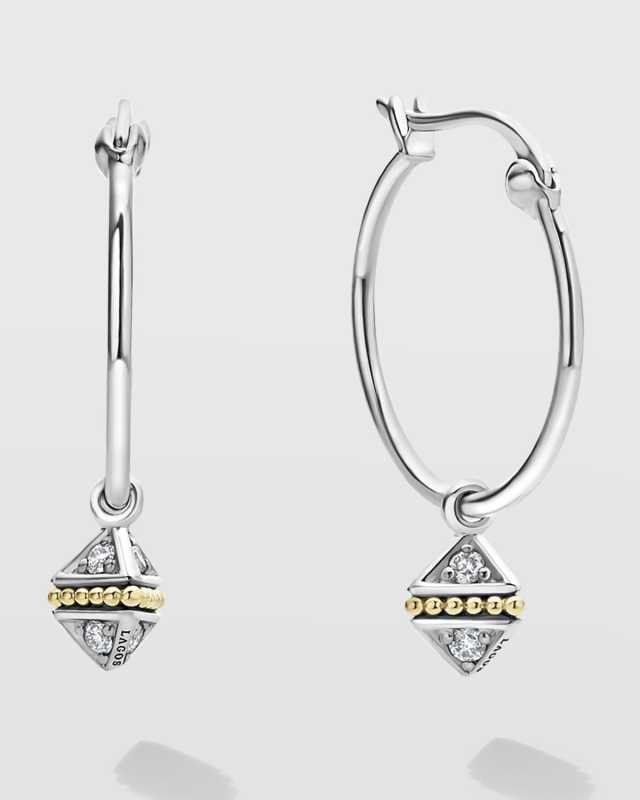 KSL Two-Tone Diamond Small Pyramid Charm on Hoop Earrings, 18mm