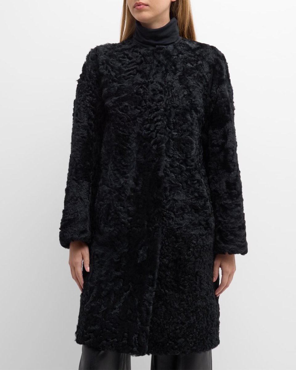 Reversible Collarless Lamb Shearling Belted Coat