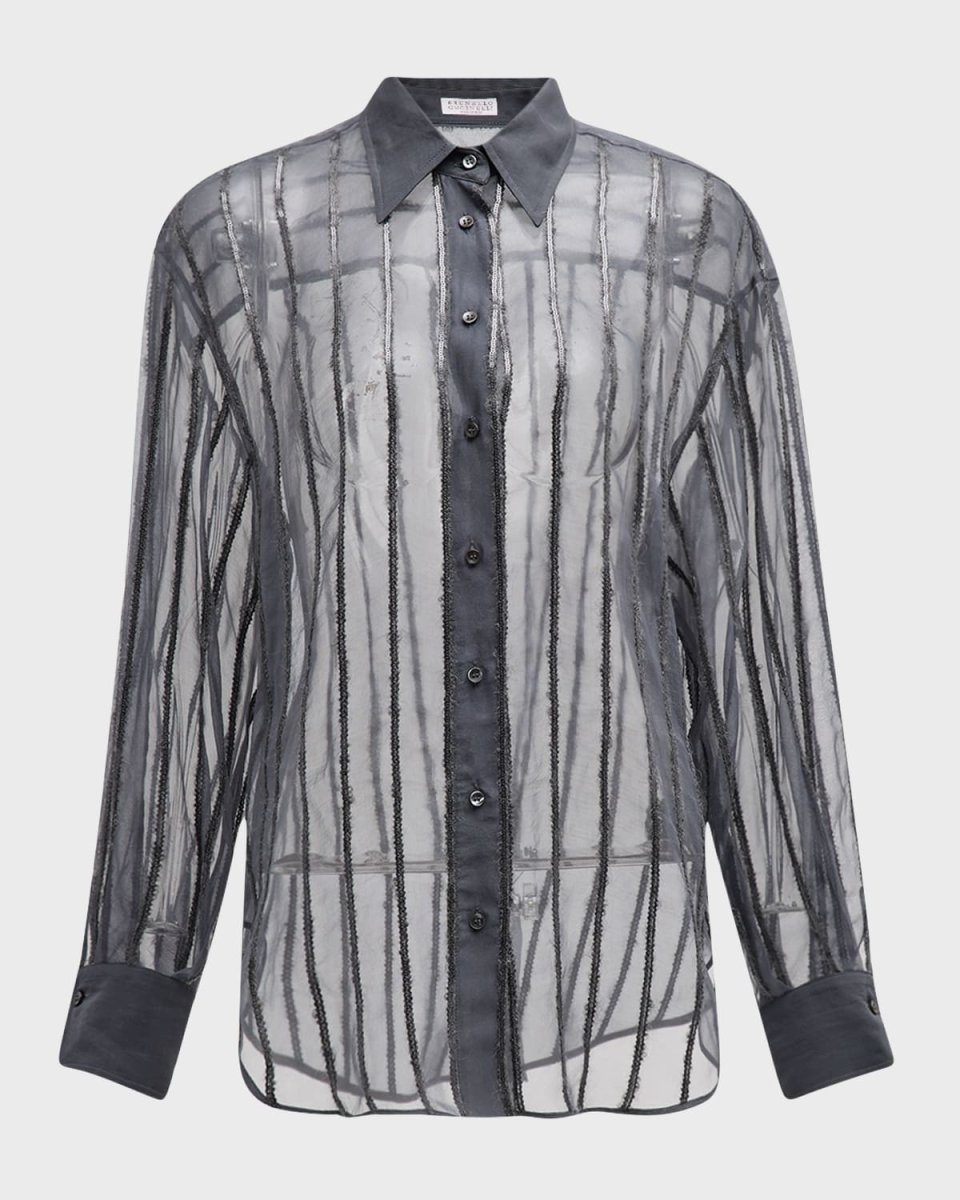 Sequin Wool Striped Crispy Silk Boyfriend Shirt