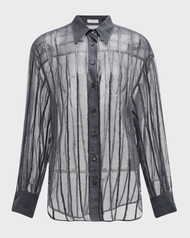 Sequin Wool Striped Crispy Silk Boyfriend Shirt