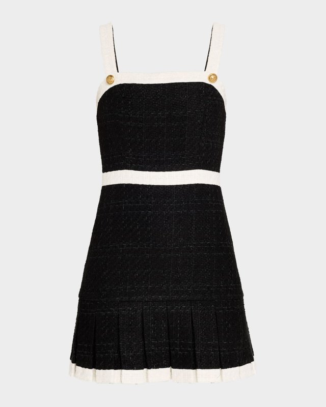 Clarine Square-Neck Pleated Tweed Mini Dress