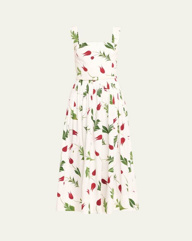 Marbled Tulips Cotton Poplin Square-Neck Sleeveless Midi Dress With Self-Belt