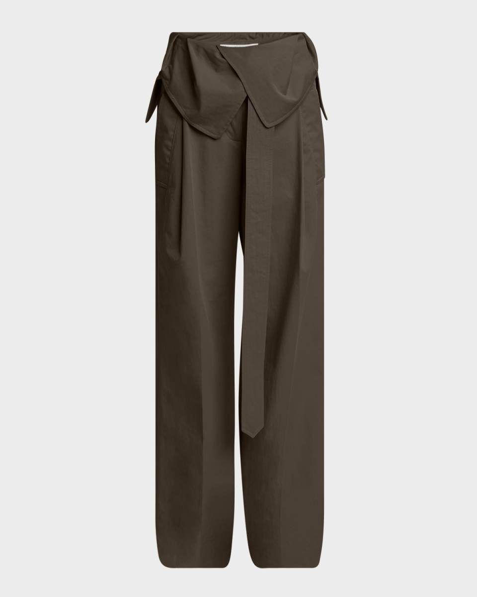 Foldover Trench Pleated Wide-Leg Trousers