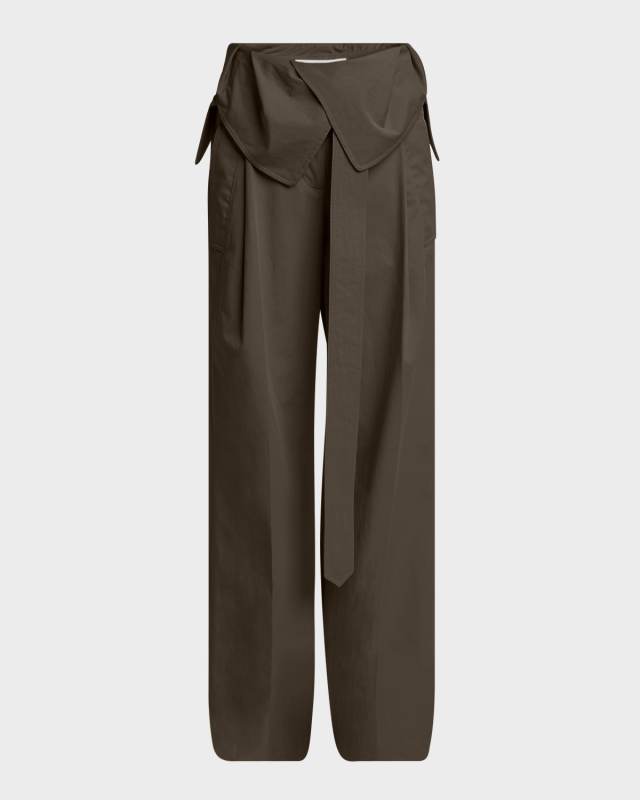 Foldover Trench Pleated Wide-Leg Trousers