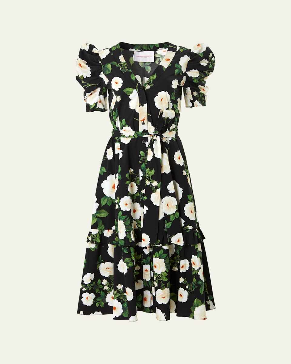 Floral Button Front Tiered Midi Dress with Self Belt