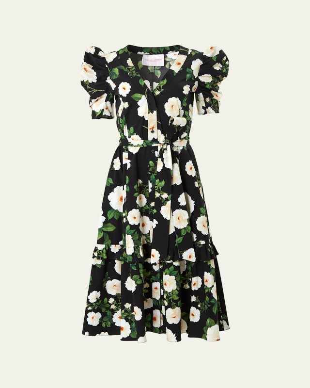 Floral Button Front Tiered Midi Dress with Self Belt