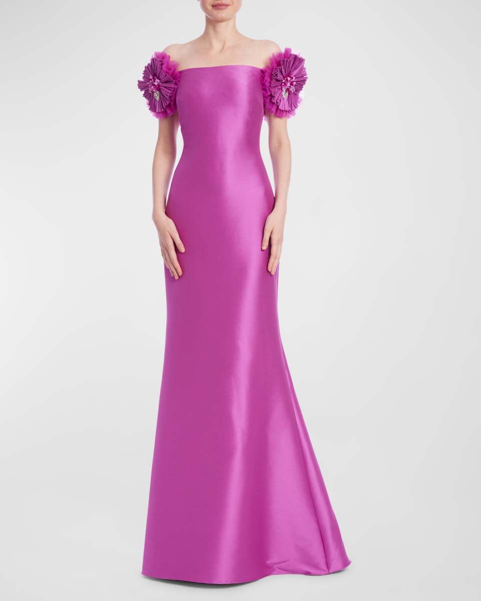 Off-Shoulder Ruffle Mikado Trumpet Gown