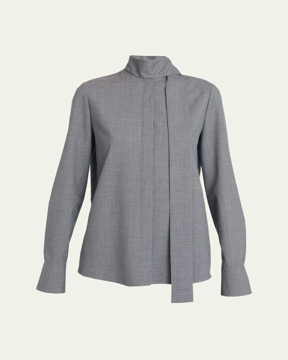 Solid Superfine Wool Blouse with Tie Neckline