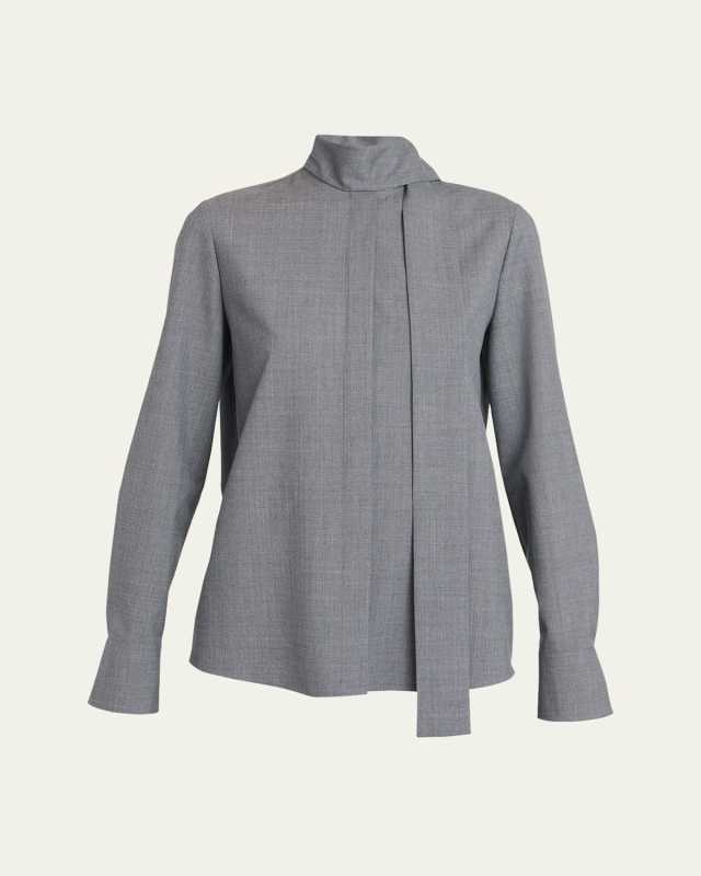 Solid Superfine Wool Blouse with Tie Neckline