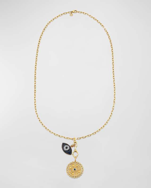 14K Gold, Sapphire, and Diamond Dialed In Puffy Evil Eye and Icon Wheel Coin Necklace
