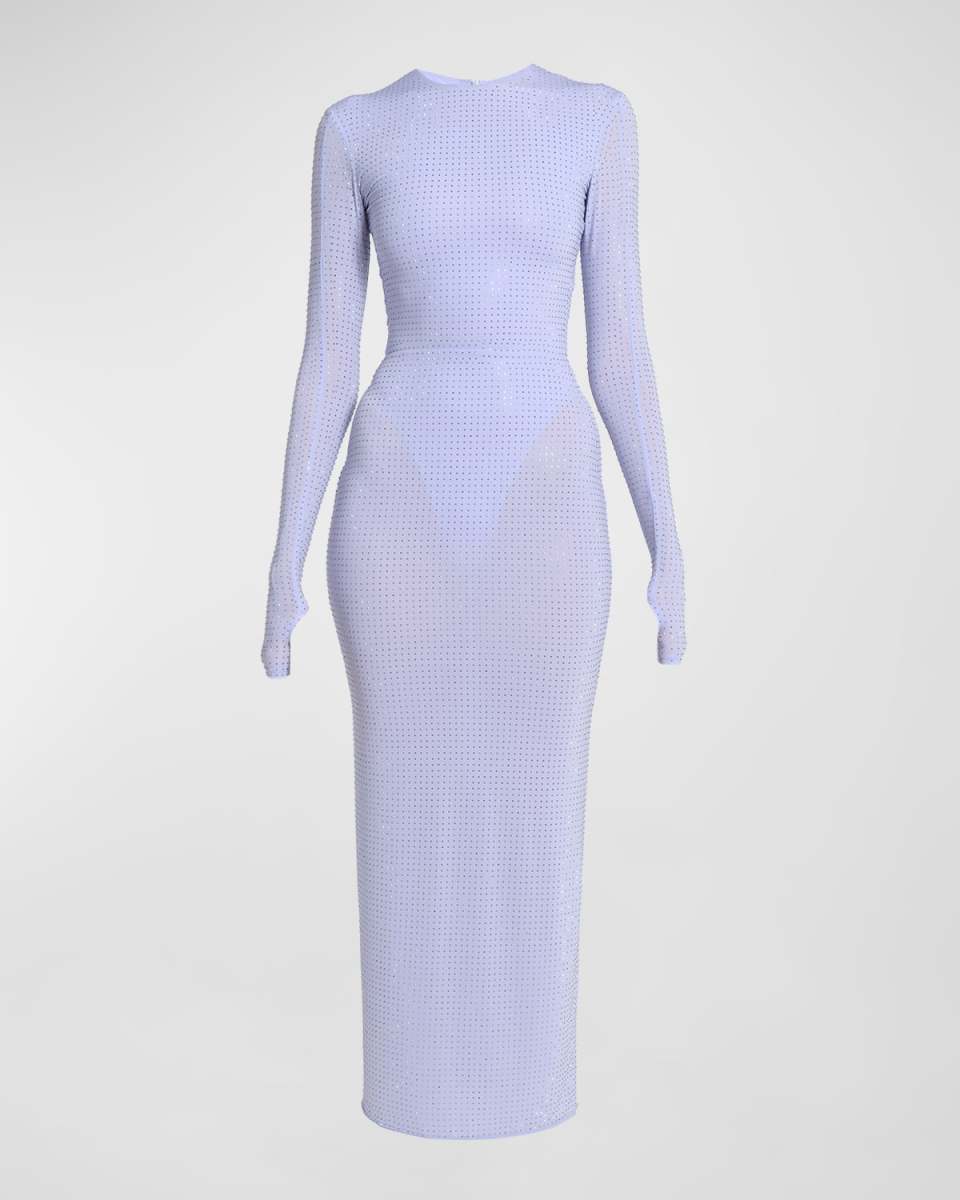 Crystal Embellished Jersey Long-Sleeve Midi Dress