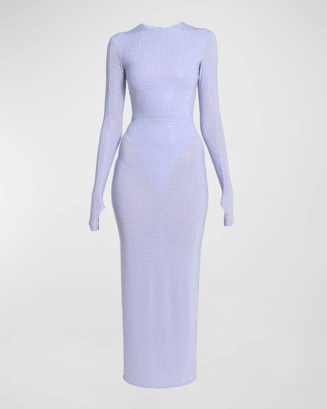 Crystal Embellished Jersey Long-Sleeve Midi Dress